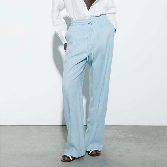 SOLD OUT!! ZARA LINEN BLEND WIDE LEG PANTS LIGHT BLUE XL 𩵠- Picture 4 of 5